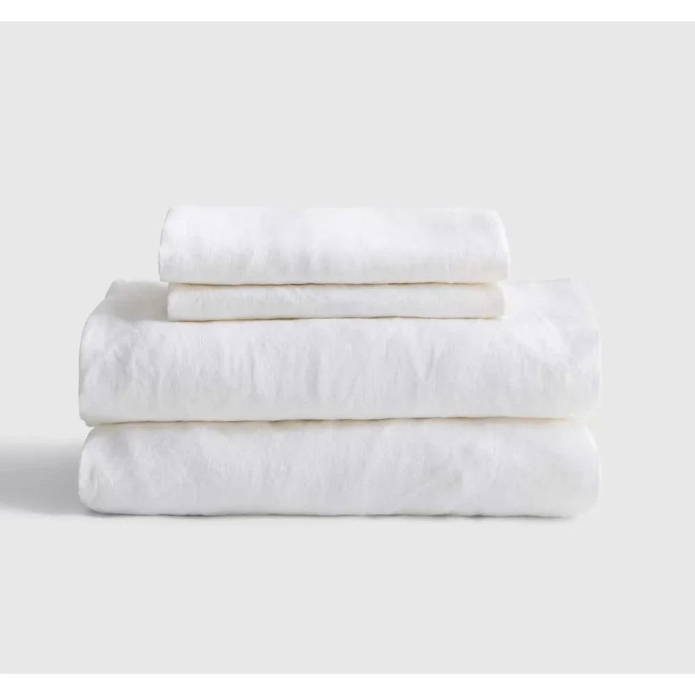 Quince European Linen Sheet Set Queen Size White 4 Piece with Flat Sheet NEW